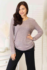 Side Drawstring Ribbed Plus Size Long Sleeve T-Shirt - MXSTUDIO.COM