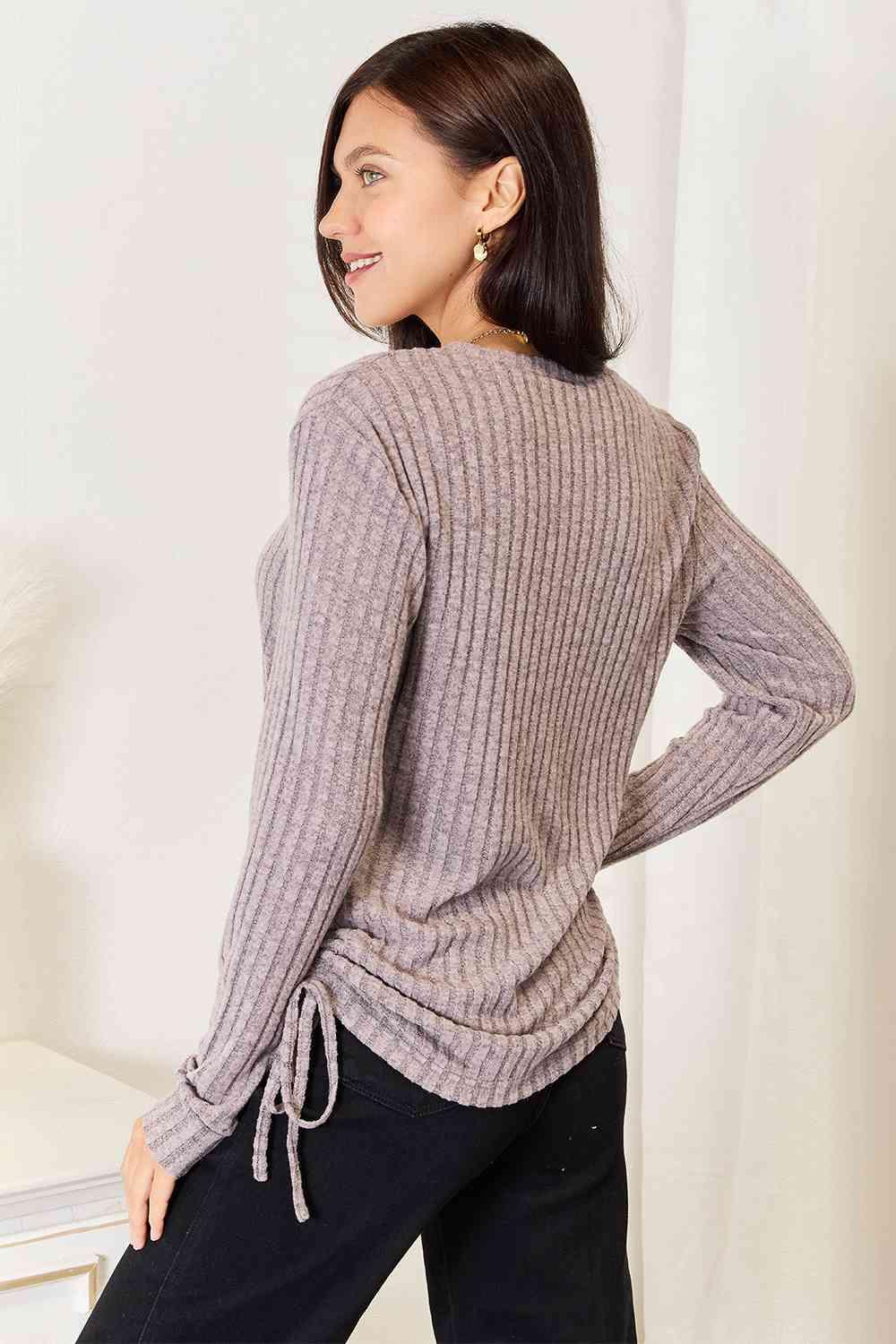 Side Drawstring Ribbed Plus Size Long Sleeve T-Shirt - MXSTUDIO.COM