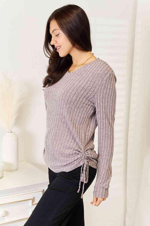 Side Drawstring Ribbed Plus Size Long Sleeve T-Shirt - MXSTUDIO.COM