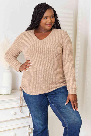 Side Drawstring Ribbed Plus Size Long Sleeve T-Shirt - MXSTUDIO.COM