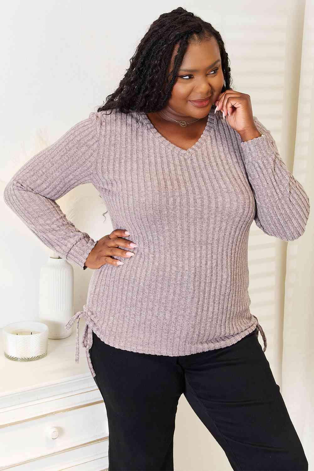 Side Drawstring Ribbed Plus Size Long Sleeve T-Shirt - MXSTUDIO.COM