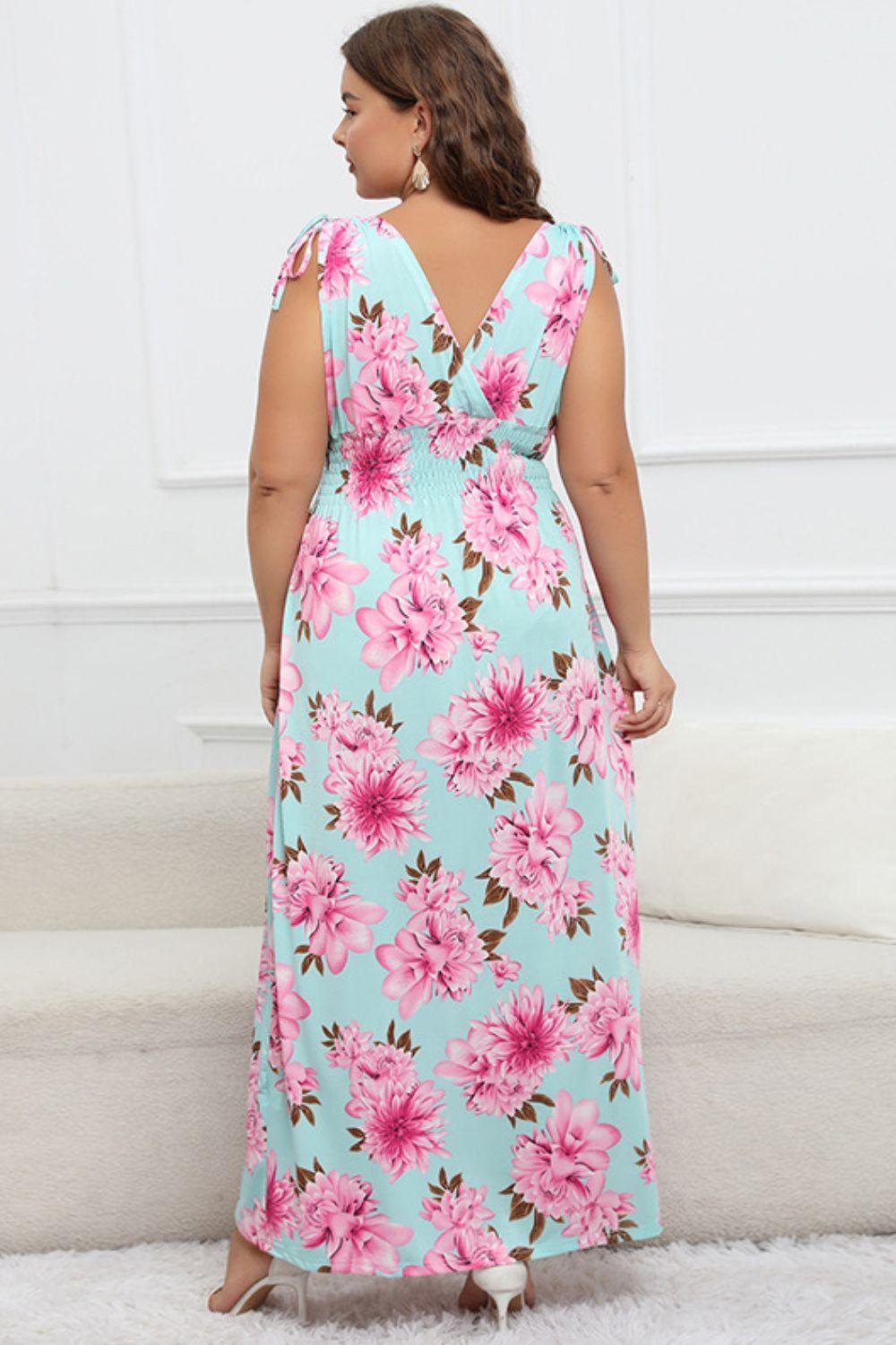 Sleeveless Surplice Neck Plus Size Floral Maxi Dress - MXSTUDIO.COM