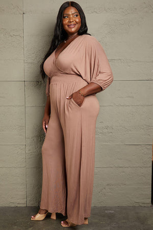 Smocked Waist Mocha Plus Size V Neck Jumpsuit - MXSTUDIO.COM