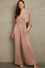 Smocked Waist Mocha Plus Size V Neck Jumpsuit - MXSTUDIO.COM