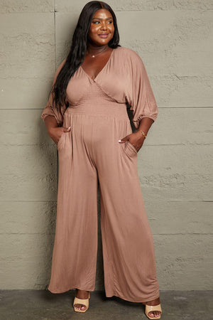 Smocked Waist Mocha Plus Size V Neck Jumpsuit - MXSTUDIO.COM