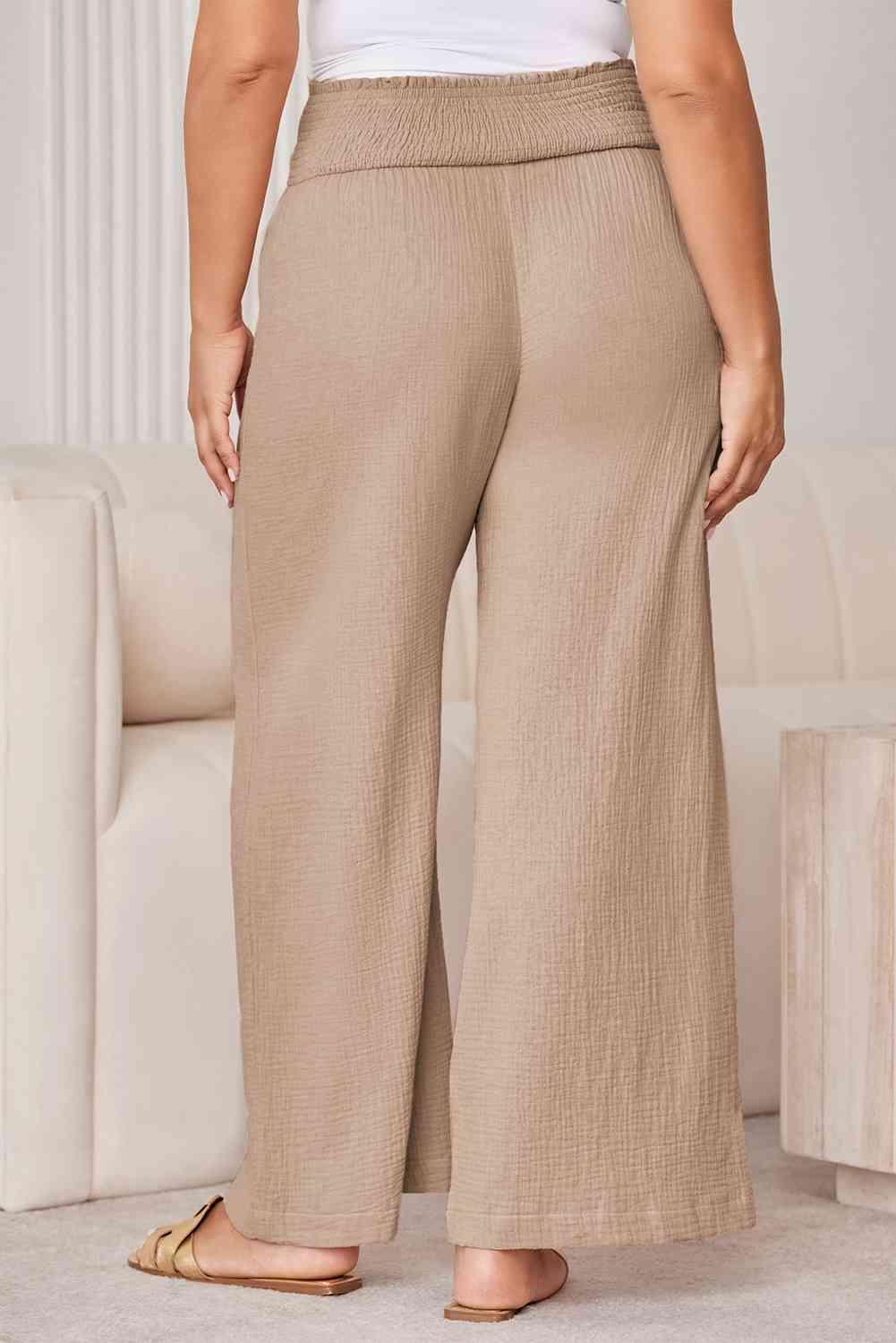 Smocked Waist Wide Leg Plus Size Tan Pants - MXSTUDIO.COM