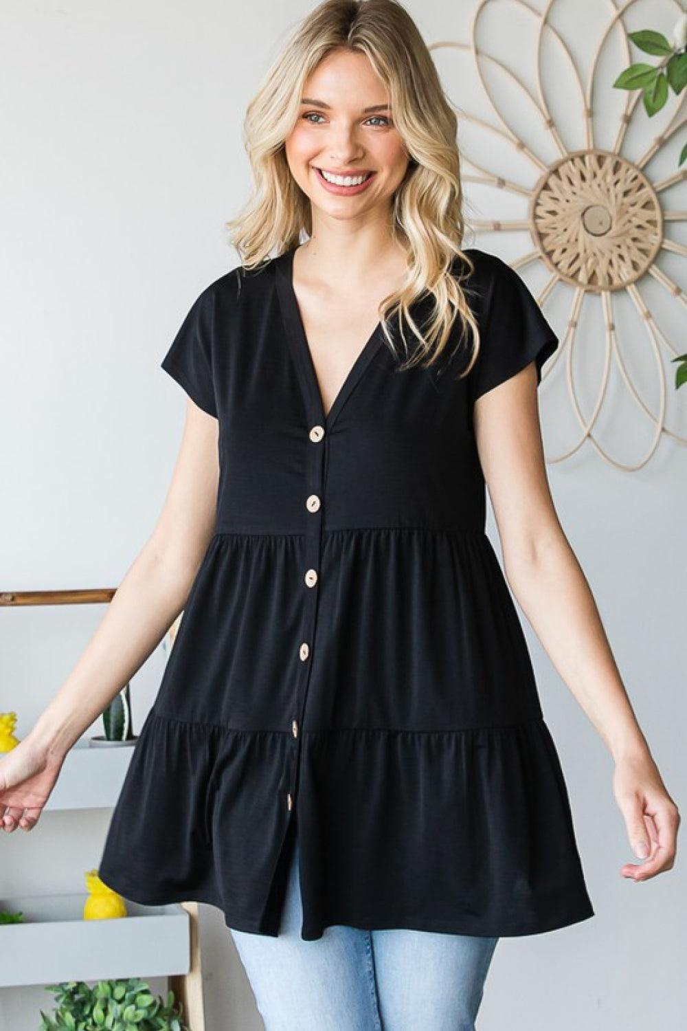 Smooth Feel V-Neck Black Tiered Top - MXSTUDIO.COM