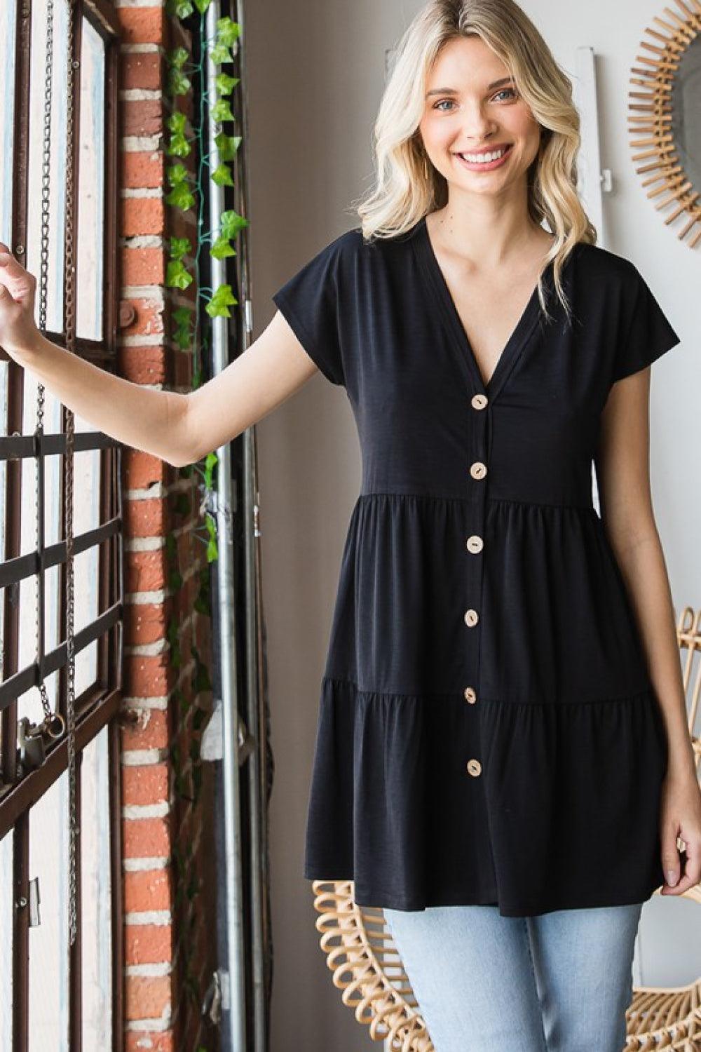 Smooth Feel V-Neck Black Tiered Top - MXSTUDIO.COM