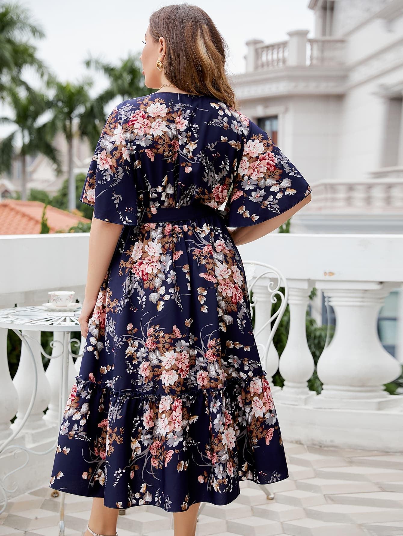 Splendid Plus Size Floral Flutter Sleeve Midi Dress - MXSTUDIO.COM