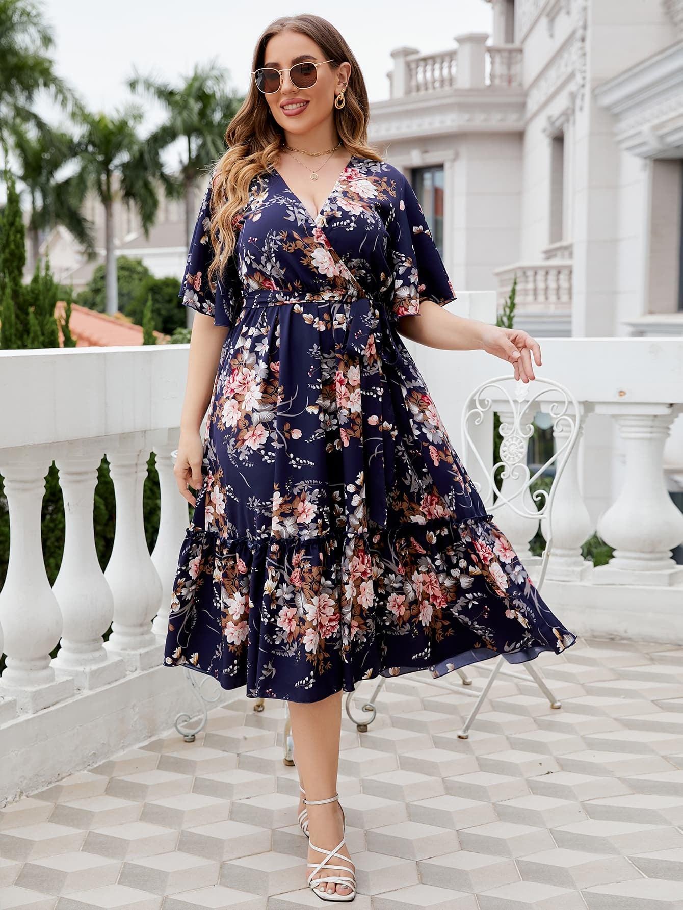 Splendid Plus Size Floral Flutter Sleeve Midi Dress - MXSTUDIO.COM
