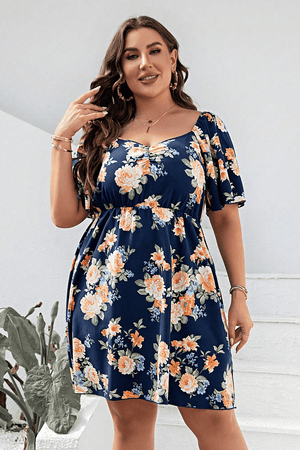 Spring Time Short Sleeve Plus Size Floral Mini Dress - MXSTUDIO.COM