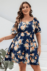 Spring Time Short Sleeve Plus Size Floral Mini Dress - MXSTUDIO.COM