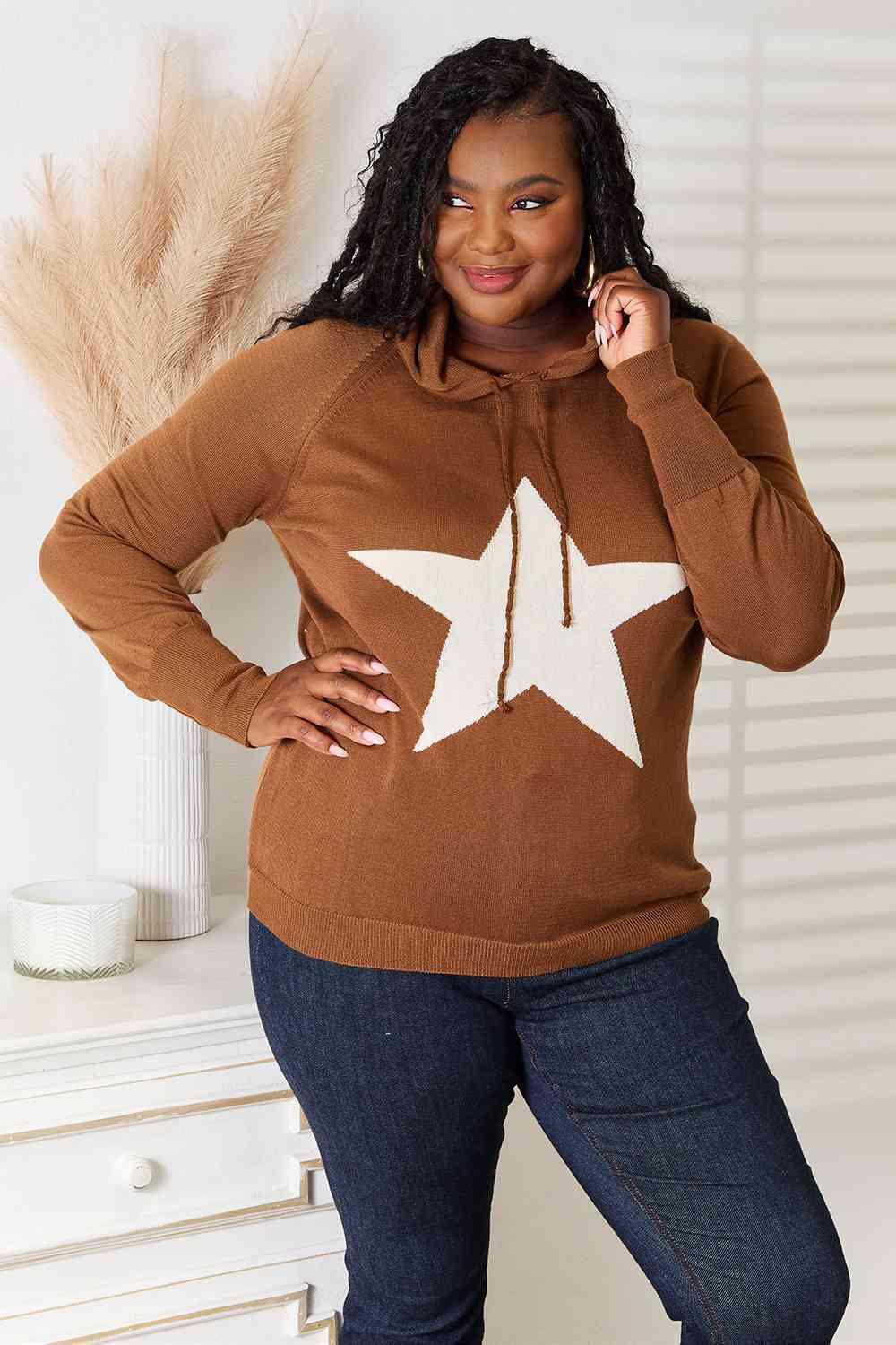 Star Graphic Hooded Plus Size Brown Sweater - MXSTUDIO.COM