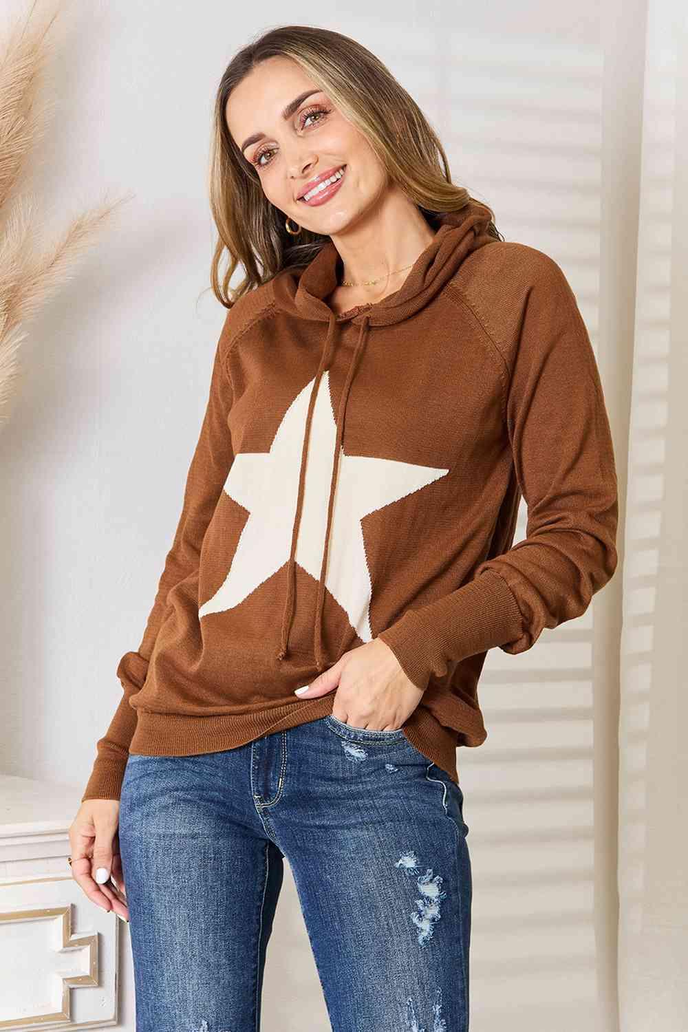 Star Graphic Hooded Plus Size Brown Sweater - MXSTUDIO.COM