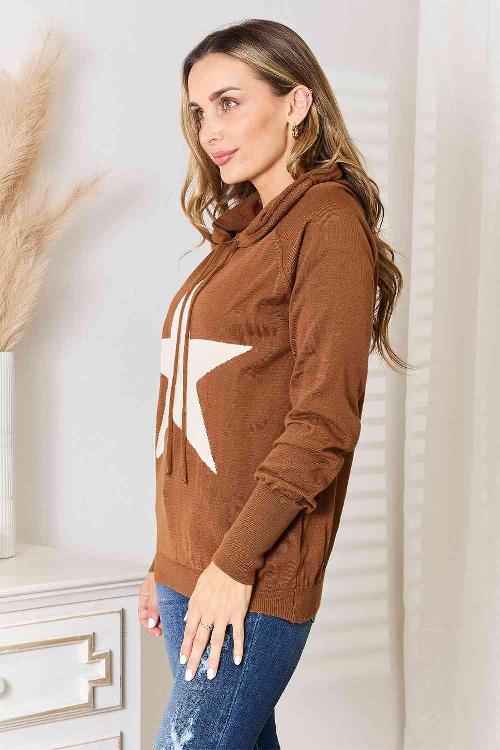 Star Graphic Hooded Plus Size Brown Sweater - MXSTUDIO.COM