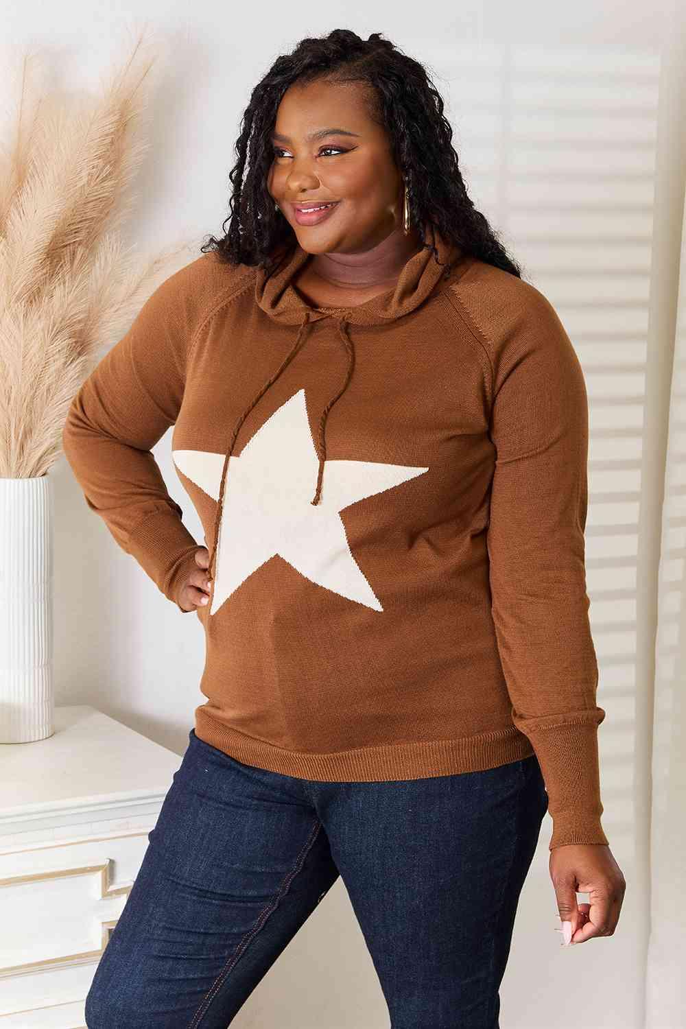 Star Graphic Hooded Plus Size Brown Sweater - MXSTUDIO.COM