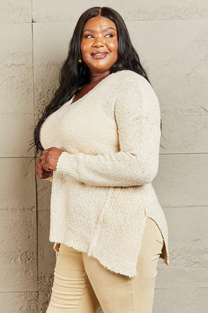 Stay Cheerful Draped Detail Cream Plus Size Knit Sweater - MXSTUDIO.COM