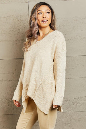 Stay Cheerful Draped Detail Cream Plus Size Knit Sweater - MXSTUDIO.COM