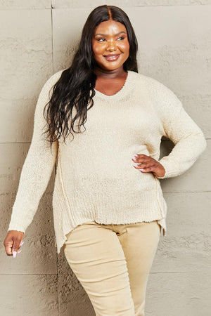 Stay Cheerful Draped Detail Cream Plus Size Knit Sweater - MXSTUDIO.COM