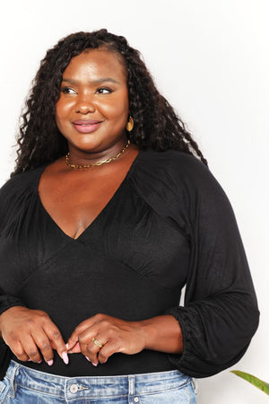 Streamlined Fit V- Neck Plus Size Black Bodysuit - MXSTUDIO.COM