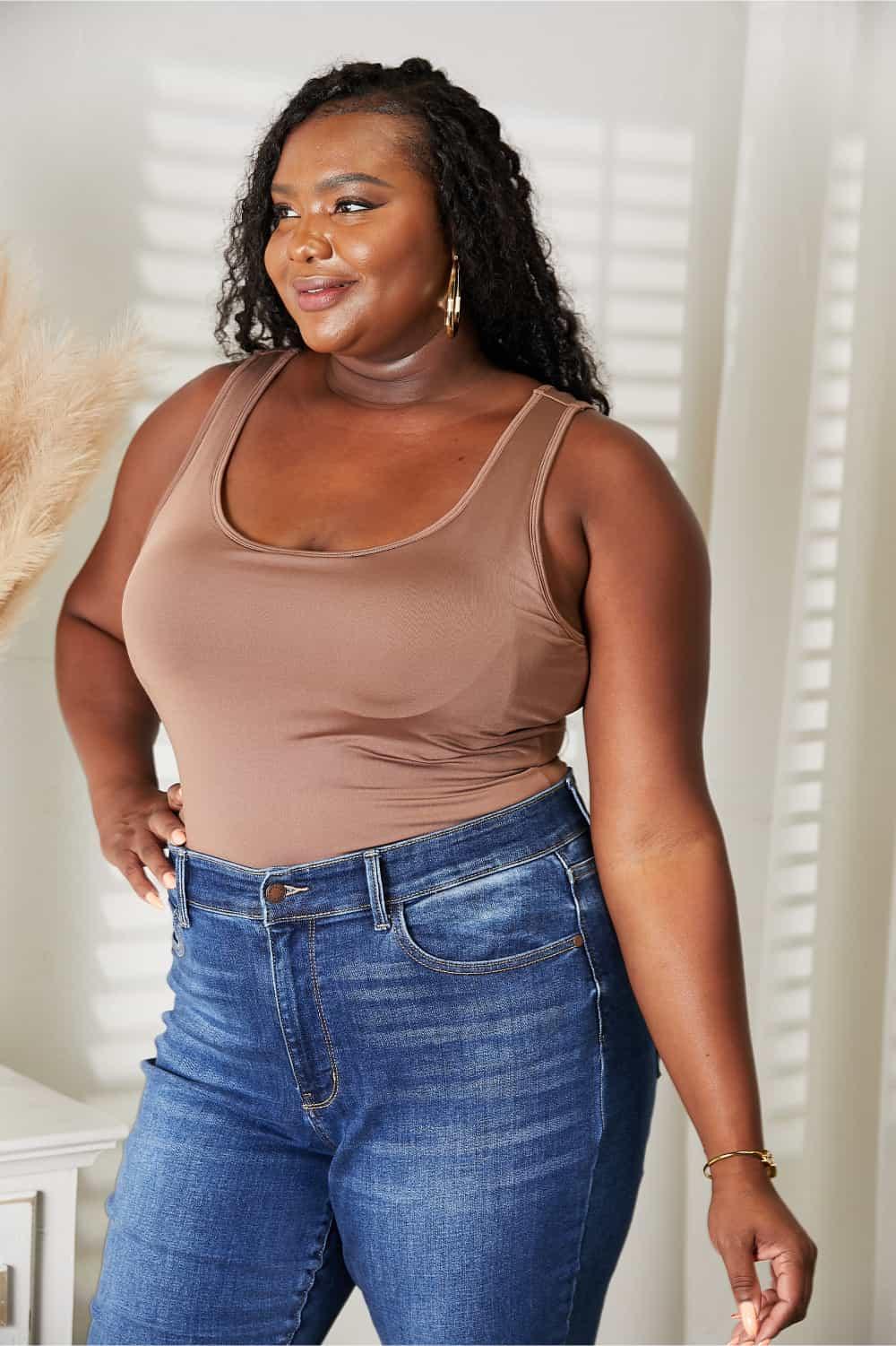 Stretchy Plus Size Mocha Tank Top Bodysuit - MXSTUDIO.COM