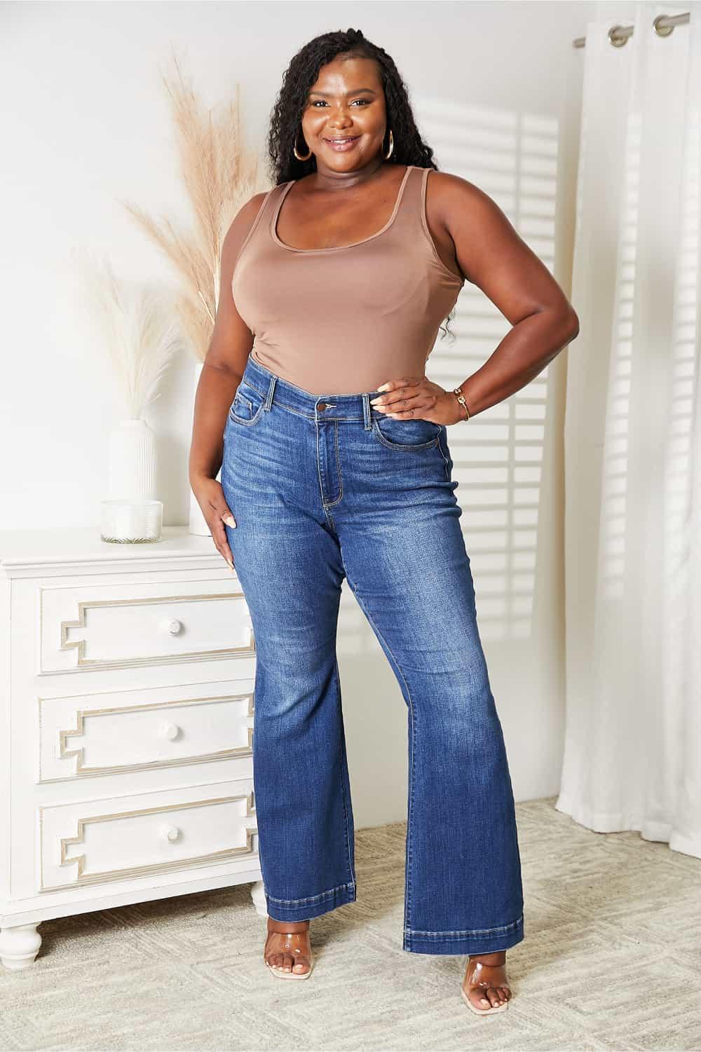 Stretchy Plus Size Mocha Tank Top Bodysuit - MXSTUDIO.COM