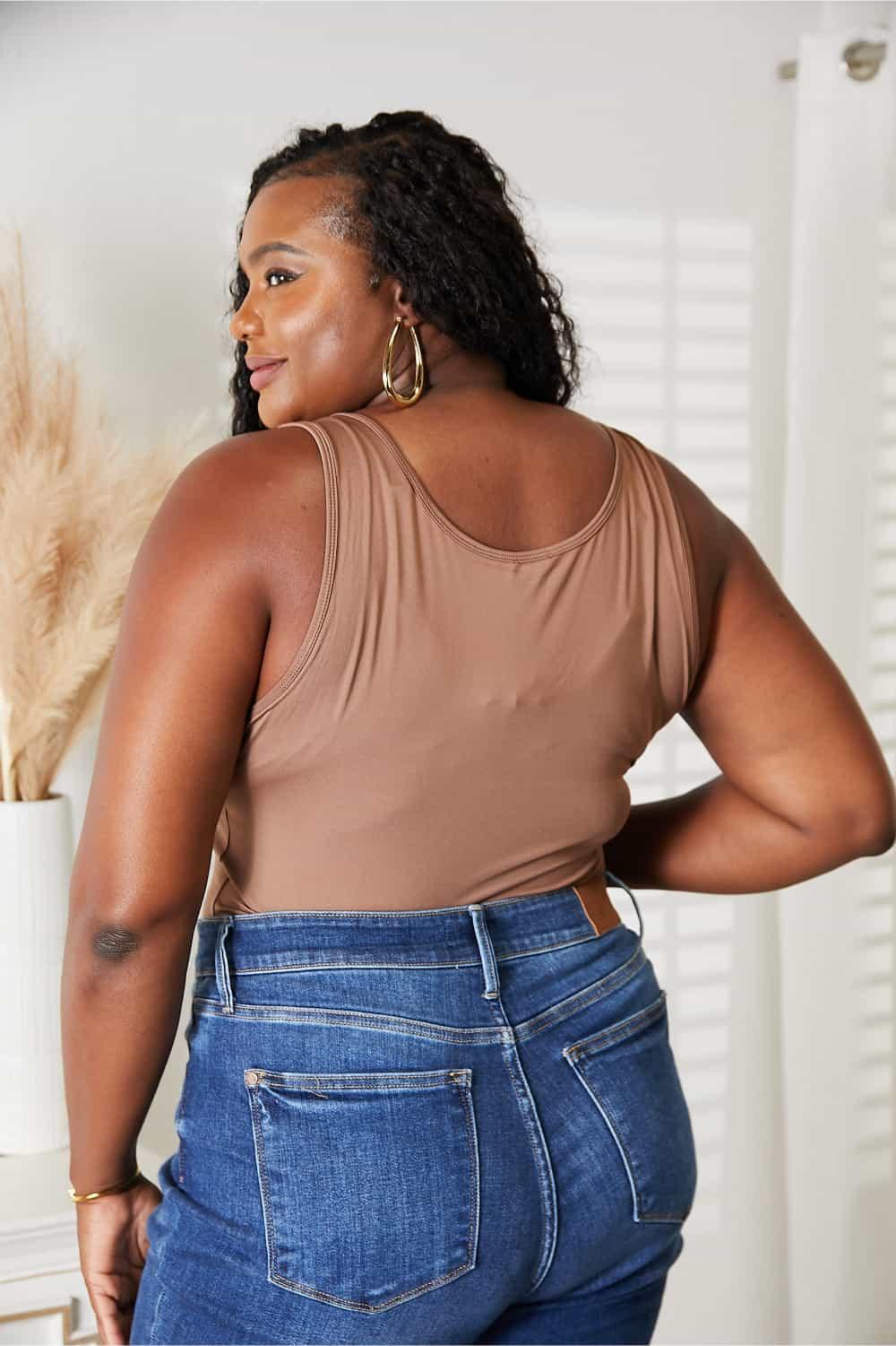 Stretchy Plus Size Mocha Tank Top Bodysuit - MXSTUDIO.COM