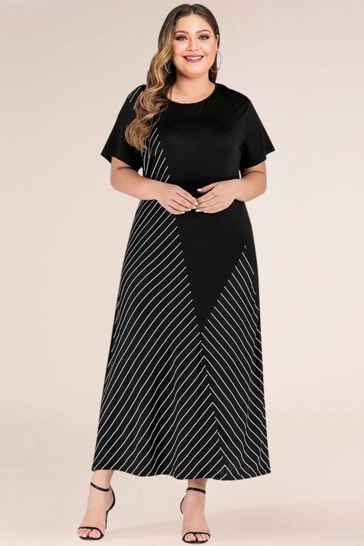 Striped Contrast Panel Plus Size Black Maxi Dress - MXSTUDIO.COM