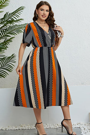 Stylish Flair Mixed Print Striped Flutter Sleeve Plus Size Dress - MXSTUDIO.COM