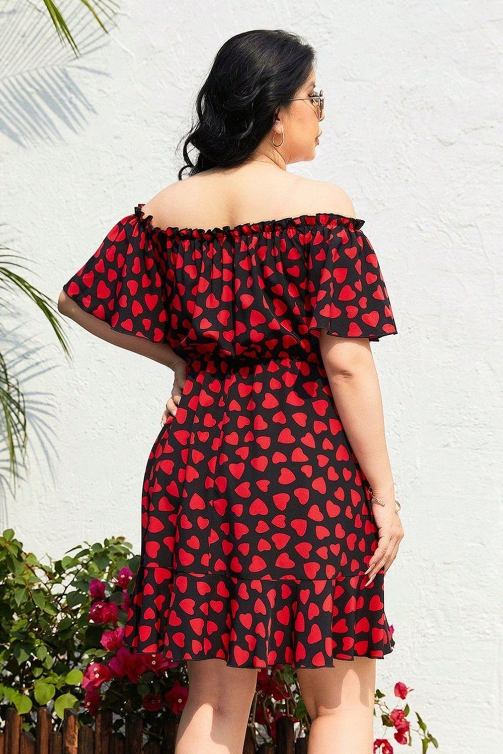 Summer Flair Off Shoulder Plus Size Heart Print Dress - MXSTUDIO.COM