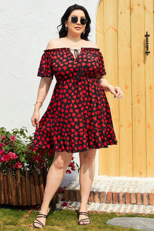 Summer Flair Off Shoulder Plus Size Heart Print Dress - MXSTUDIO.COM