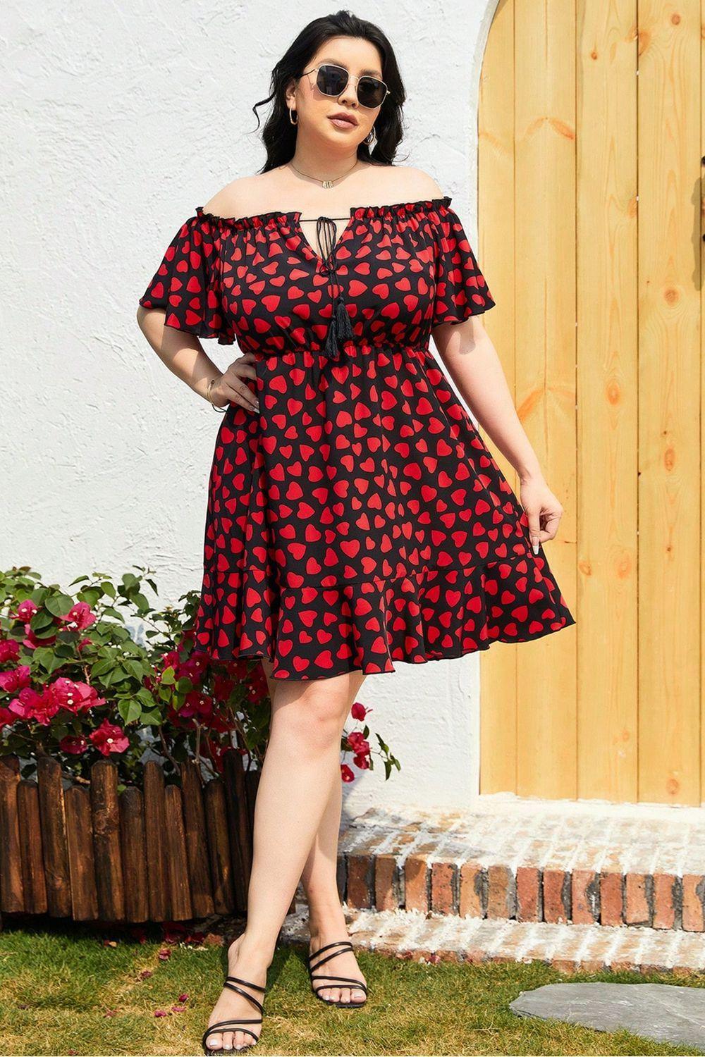 Summer Flair Off Shoulder Plus Size Heart Print Dress - MXSTUDIO.COM