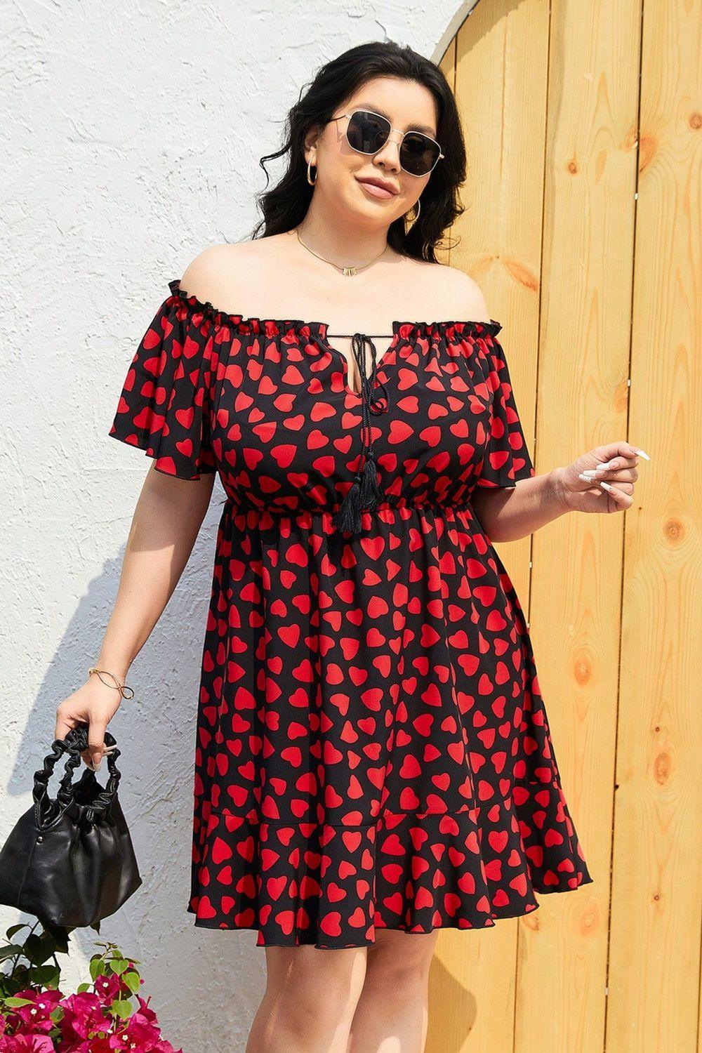 Summer Flair Off Shoulder Plus Size Heart Print Dress - MXSTUDIO.COM