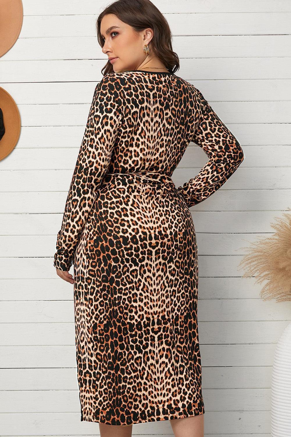 Surplice Flair Plus Size Leopard Midi Dress - MXSTUDIO.COM