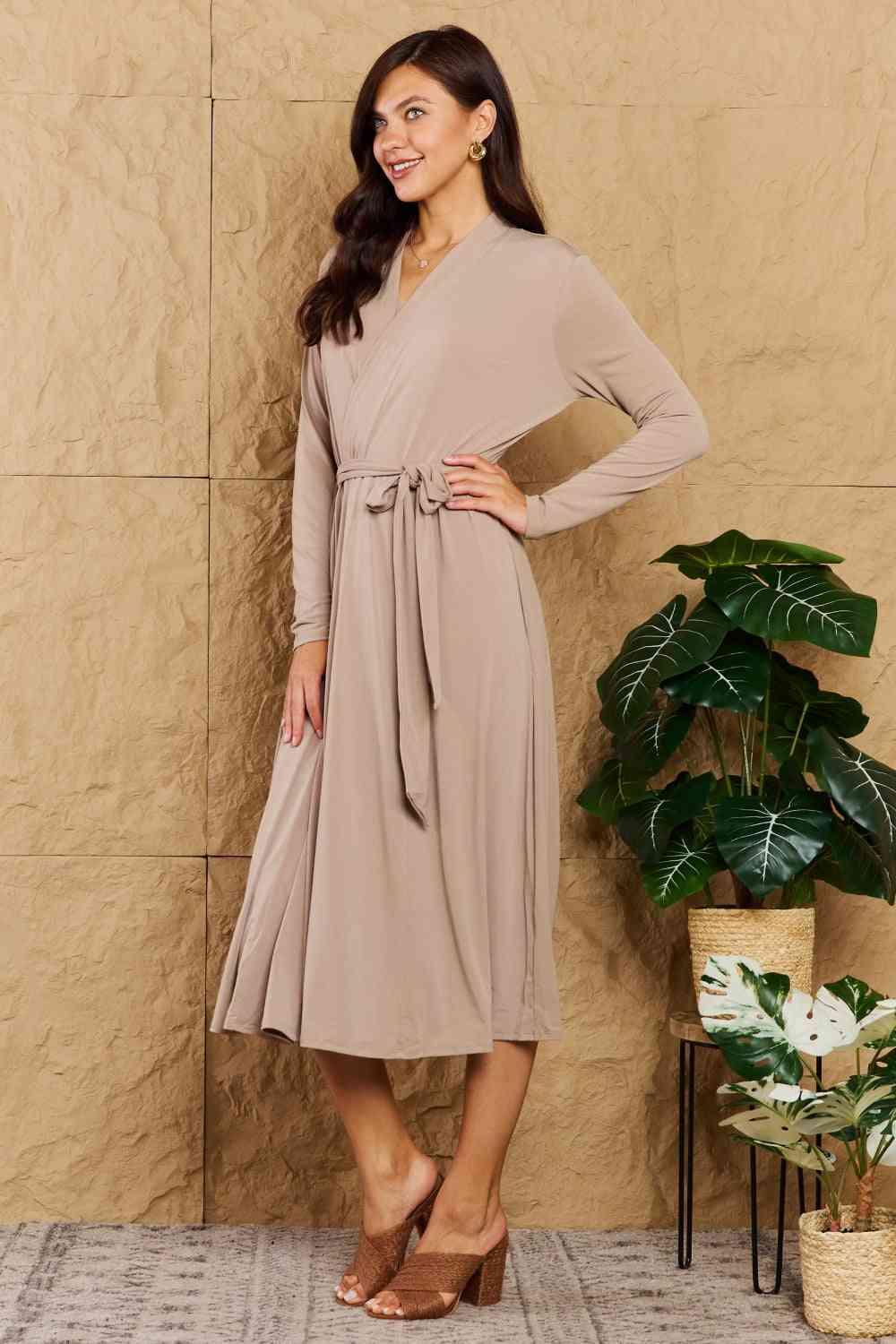 Surplice Neck Belted Maxi Taupe Cardigan - MXSTUDIO.COM