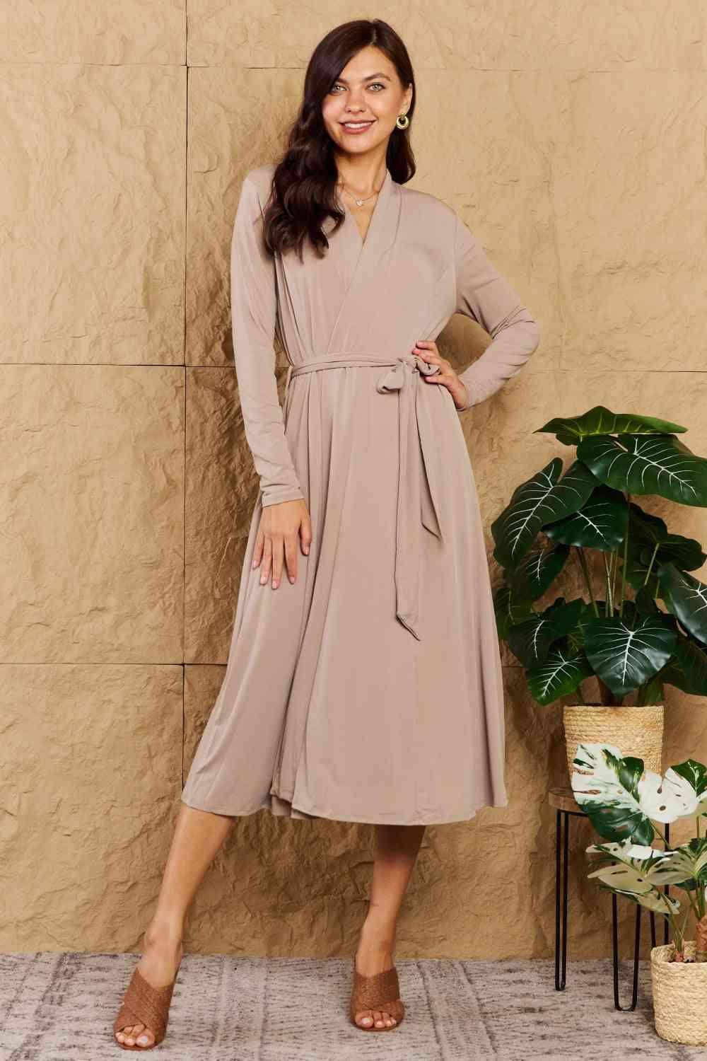 Surplice Neck Belted Maxi Taupe Cardigan - MXSTUDIO.COM