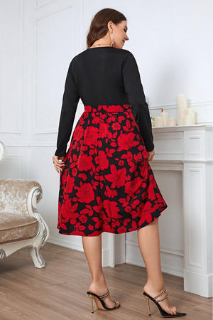 Surplice Neck Long Sleeve Plus Size Floral Dress - MXSTUDIO.COM