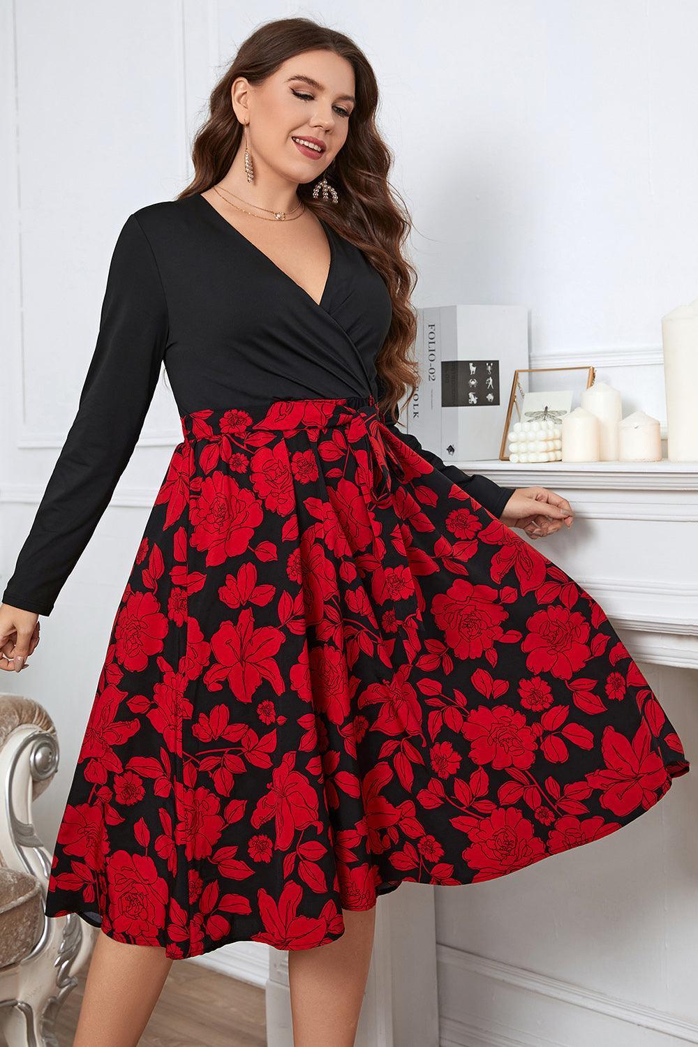 Surplice Neck Long Sleeve Plus Size Floral Dress - MXSTUDIO.COM