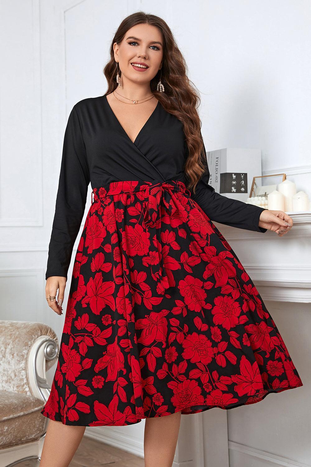 Surplice Neck Long Sleeve Plus Size Floral Dress - MXSTUDIO.COM