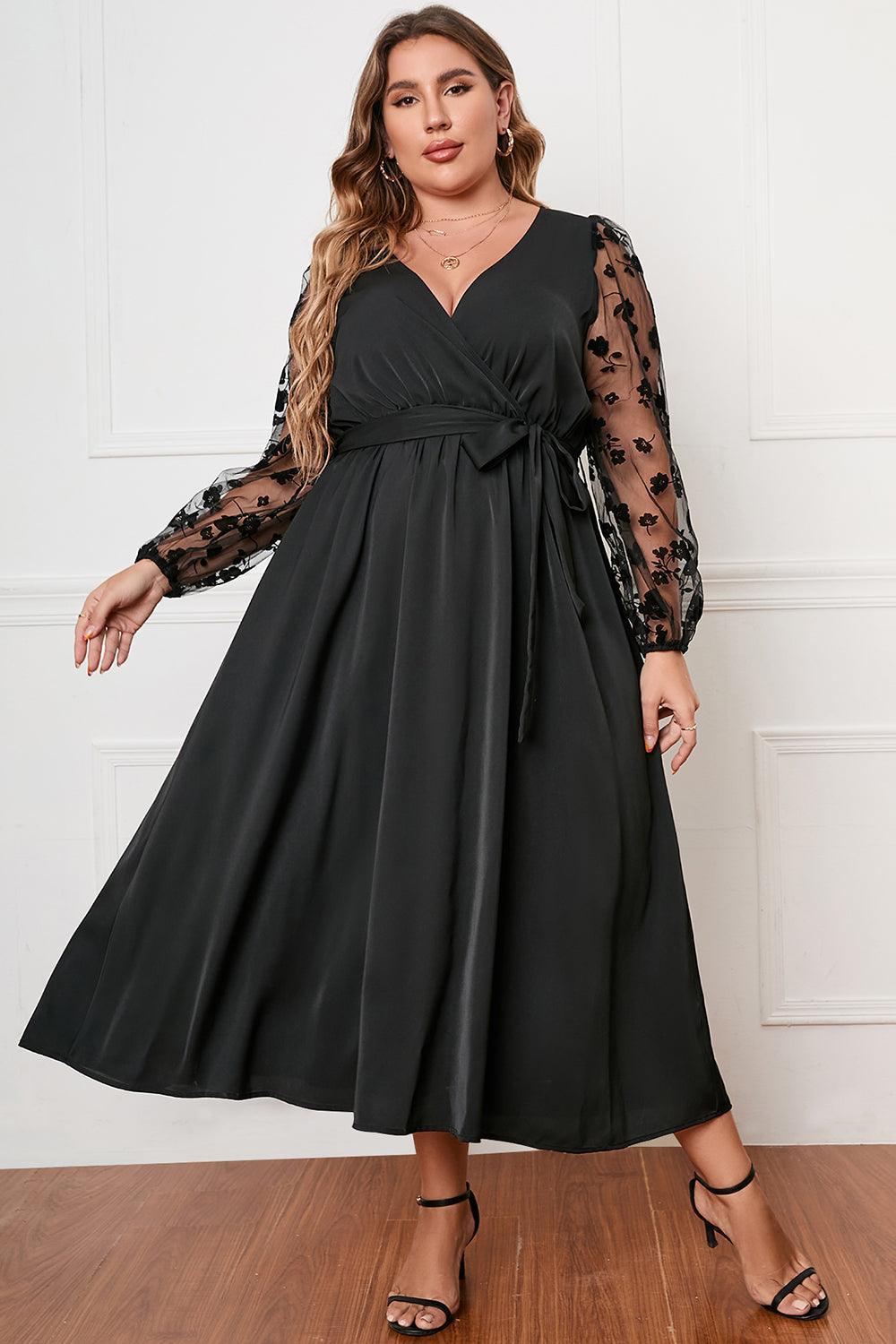 Surplice Neck Tied Plus Size Black Maxi Dress - MXSTUDIO.COM