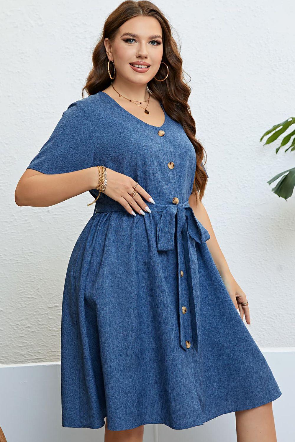 Swanky Touch Button Front Plus Size Tie Waist Dress - MXSTUDIO.COM