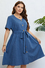 Swanky Touch Button Front Plus Size Tie Waist Dress - MXSTUDIO.COM