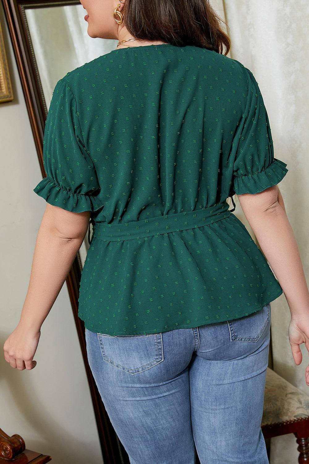 Swiss Dot Surplice Neck Plus Size Green Blouse - MXSTUDIO.COM