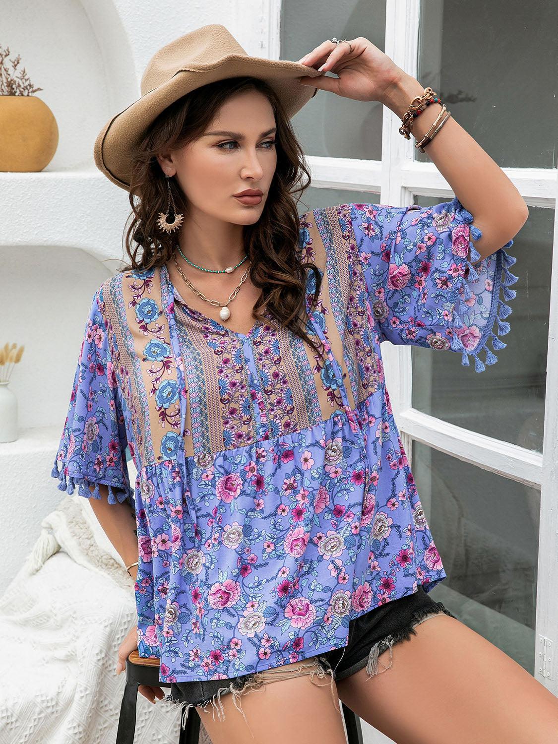 Tassel Accent V-Neck Half Sleeve Plus Size Floral Blouse - MXSTUDIO.COM