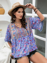 Tassel Accent V-Neck Half Sleeve Plus Size Floral Blouse - MXSTUDIO.COM