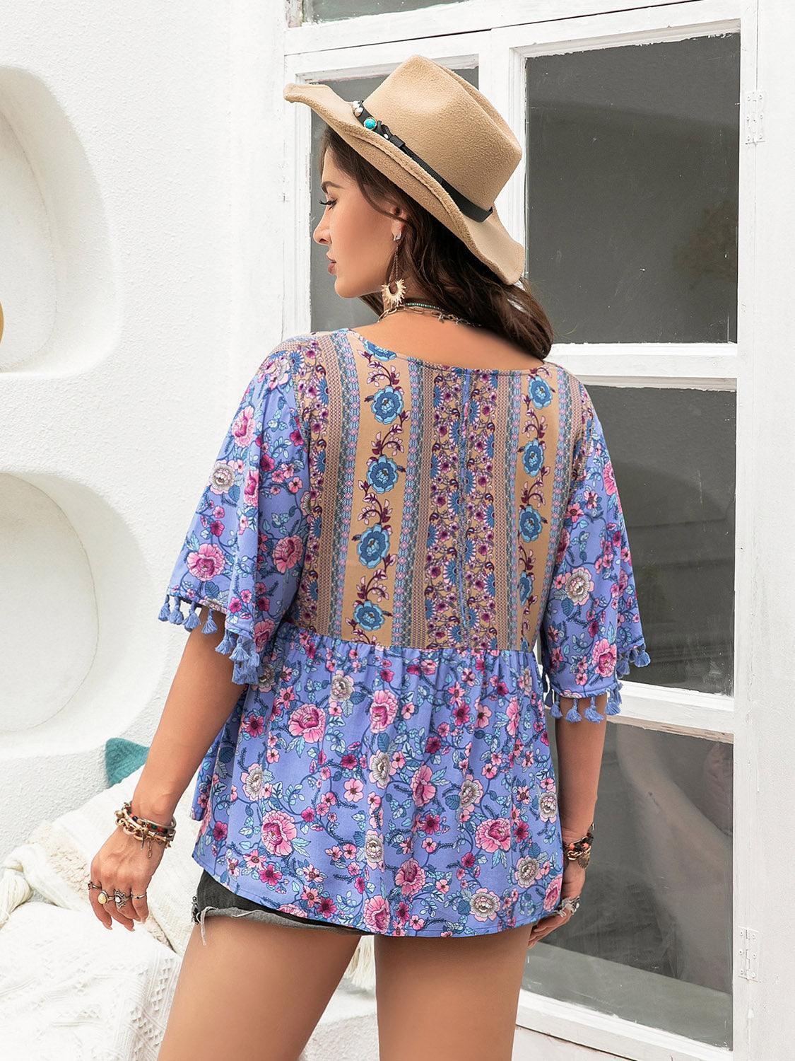 Tassel Accent V-Neck Half Sleeve Plus Size Floral Blouse - MXSTUDIO.COM