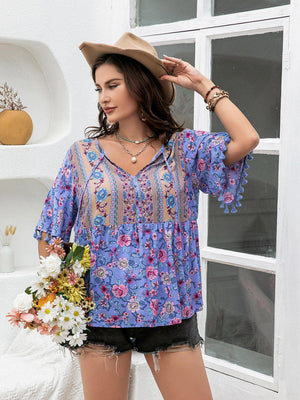 Tassel Accent V-Neck Half Sleeve Plus Size Floral Blouse - MXSTUDIO.COM