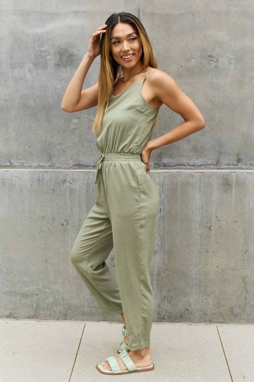 Textured Woven Sage Green Plus Size Jumpsuit - MXSTUDIO.COM