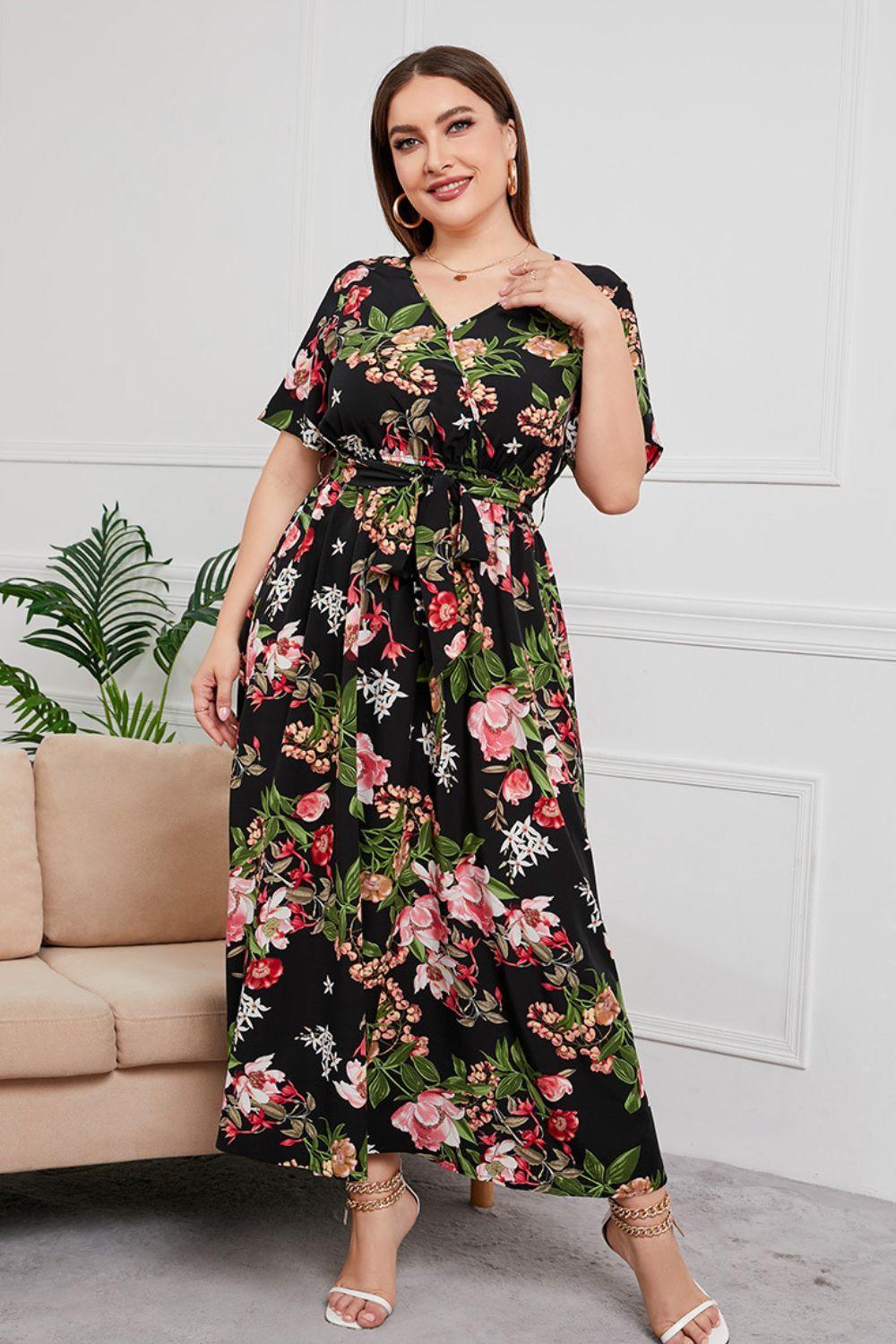 Tie Waist Floral Plus Size Surplice Maxi Dress - MXSTUDIO.COM