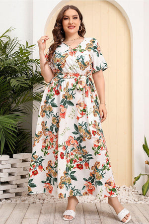 Tie Waist Floral Plus Size Surplice Maxi Dress - MXSTUDIO.COM